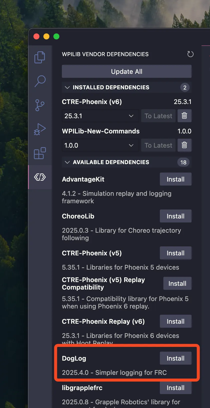 Screenshot of DogLog listed in the the "Available Dependencies" section in the WPILib Vendor Dependencies extension